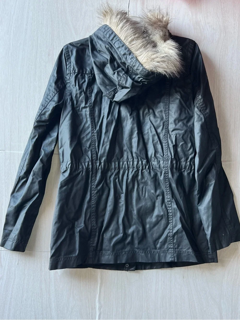 Caslon Black Faux Leather Utility Jacket with Faux Fur Hood Trim